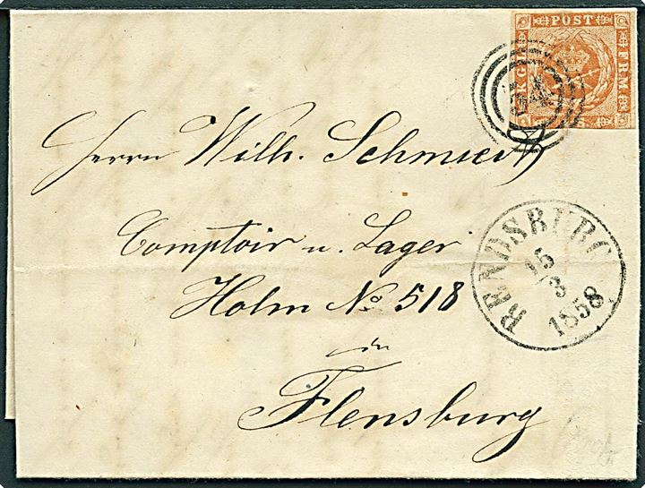4 sk. 1854 udg. på brev annulleret med nr.stempel 54 og sidestemplet antiqua Rendsburg d. 15.3.1858 til Flensburg.