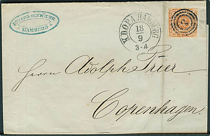 4 sk. 1854 udg. på brev annulleret med nr.stempel 2 og sidestemplet antiqua K.D.O.P.A. Hamburg d. 18.9.1857 til København.