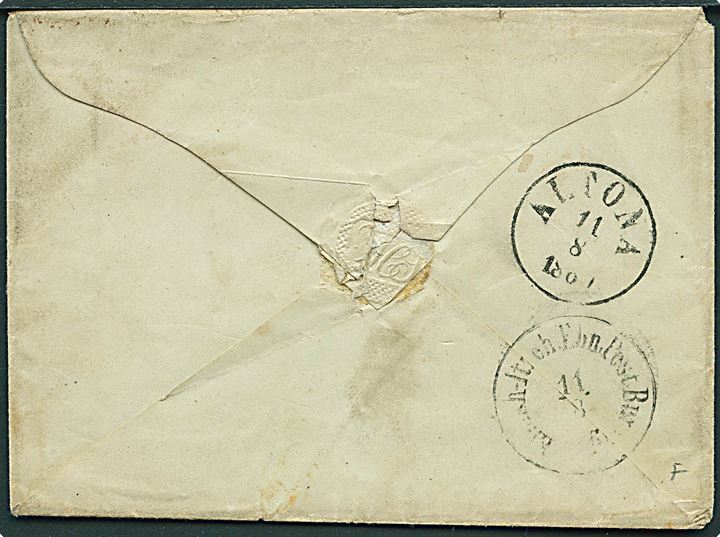 4 sk. 1858 udg. på brev annulleret med nr.stempel 117 og sidestemplet antiqua Heide d. 11.8.1860 via Elmsh-Itzeh. Ebh.Post.Bur. til Altona.