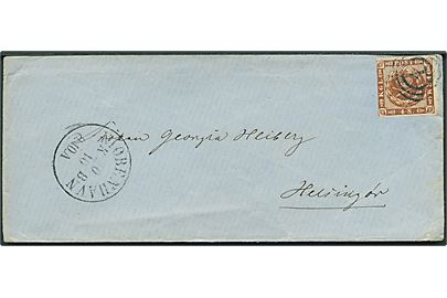 4 sk. 1858 udg. på brev annulleret med nr.stempel 1 og sidestemplet Kiøbenhavn KB d. 10.10.1860 til Helsingør.