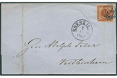4 sk. 1858 udg. på brev annulleret med nr.stempel 59 og sidestemplet antiqua Roeskilde d. 7.11.1852 til Kjøbenhavn. Fold gennem mærke.