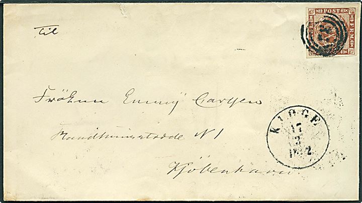 4 sk. 1858 udg. på brev annulleret med svagt nr.stempel 35 og sidestemplet antiqua Kjøge d. 17.3.1862 til Kjøbenhavn.