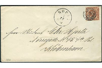 4 sk. 1858 udg. på brev annulleret med nr.stempel 60 og sidestemplet antiqua Rødby d. 5.10.1860 via Maribo til Kjøbenhavn.