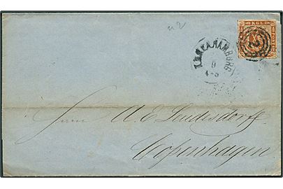 4 sk. stukken kant på brev annulleret med nr.stempel 2 og sidestemplet lapidar K.D.O.P.A. Hamburg d. 21.9.1863 til Kjøbenhavn.