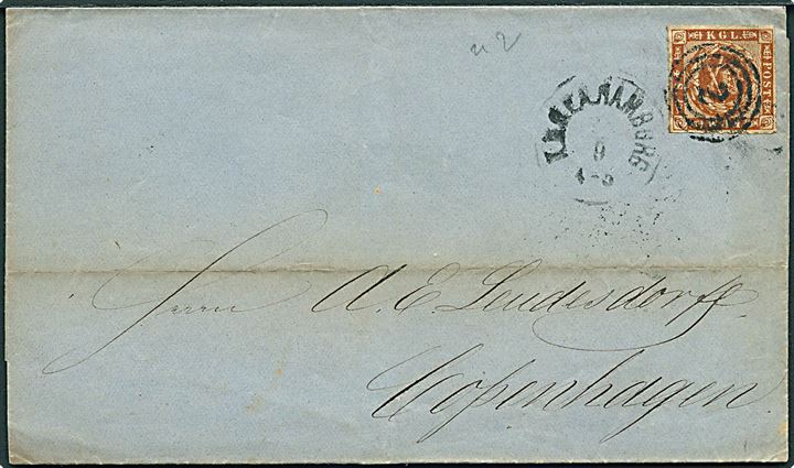 4 sk. stukken kant på brev annulleret med nr.stempel 2 og sidestemplet lapidar K.D.O.P.A. Hamburg d. 21.9.1863 til Kjøbenhavn.