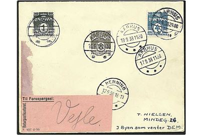 1, 4 og 8 øre bølgelinie på brev fra Aarhus den 16.9.1938 til Vejle. Videre sendt til Herning, med Herning Postkontor liniestempel på bagsiden. Forespurgt i Vejle.