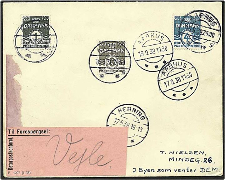 1, 4 og 8 øre bølgelinie på brev fra Aarhus den 16.9.1938 til Vejle. Videre sendt til Herning, med Herning Postkontor liniestempel på bagsiden. Forespurgt i Vejle.