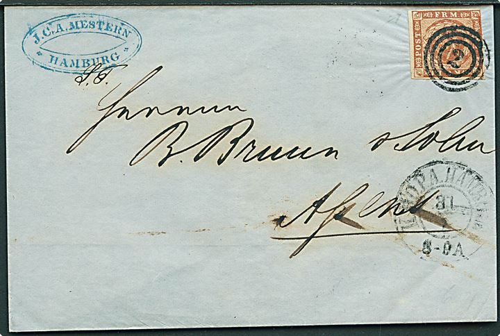 4 sk. 1854 udg. på brev annulleret med nr.stempel 2 og sidestemplet antiqua K.D.O.P.A. Hamburg d. 31.1.18xx til Assens.