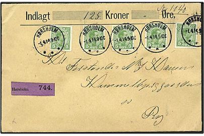 5 øre grøn Chr. X på værdibrev fra Hørsholm d. 1.4.1914 til Ry.