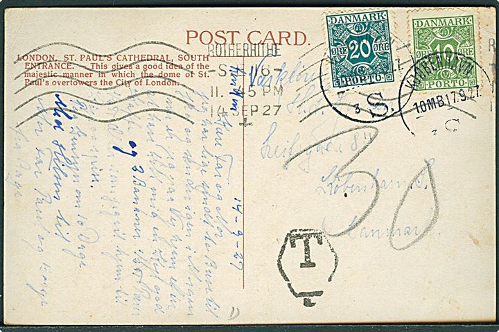 Ufrankeret brevkort fra Rotherhite d. 14,9,1927 til København, Danmark. Udtakseret i porto med 10 øre og 20 øre Portomærke stemplet København d. 17.9.1927.