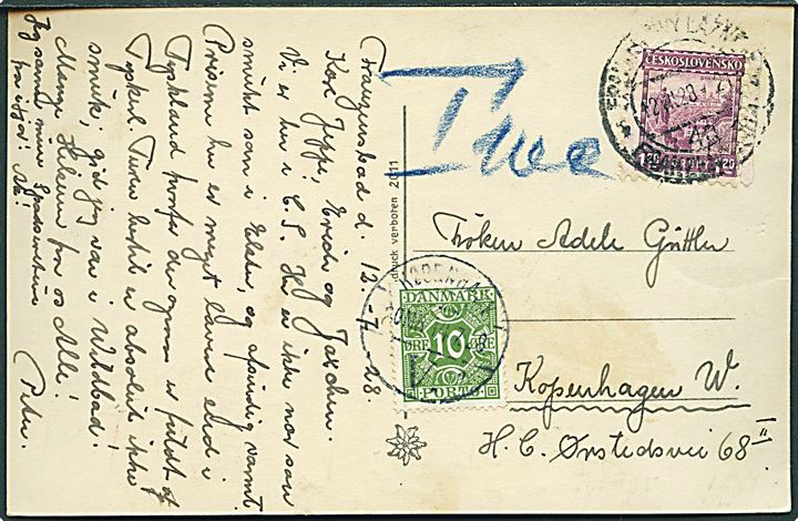 Tjekkisk 1,20 kr. på underfrankeret brevkort fra Franzenbad d. 12.7.1928 til København, Danmark. Udtakseret i porto med 10 øre Portomærke stemplet København d. 14.7.1928.