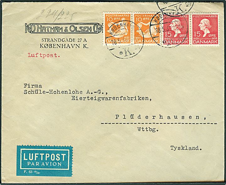 10 øre og 15 øre H.C.Andersen i parstykker på luftpostbrev fra København d. 18.5.1936 til Plüderhausen, Tyskland.