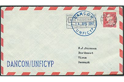 60 øre Fr. IX på luftpostbrev stemplet København d. 16.8.1967 og sidestemplet DANCON/UNFICYP d. 16.8.1967 til Virum. Afs.-stempel: DANCON/UNFICYP.