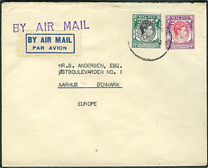 20 c. og 40 c. George VI på luftpostbrev fra Singapore d. 5.12.1949 til Aarhus, Danmark.