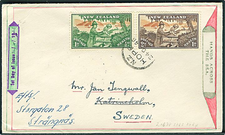 Komplet sæty Health udg. 1946 på FDC fra Hope d. 24.10.1946 til Katrineholm, Sverige - eftersendt til Strängnäs.