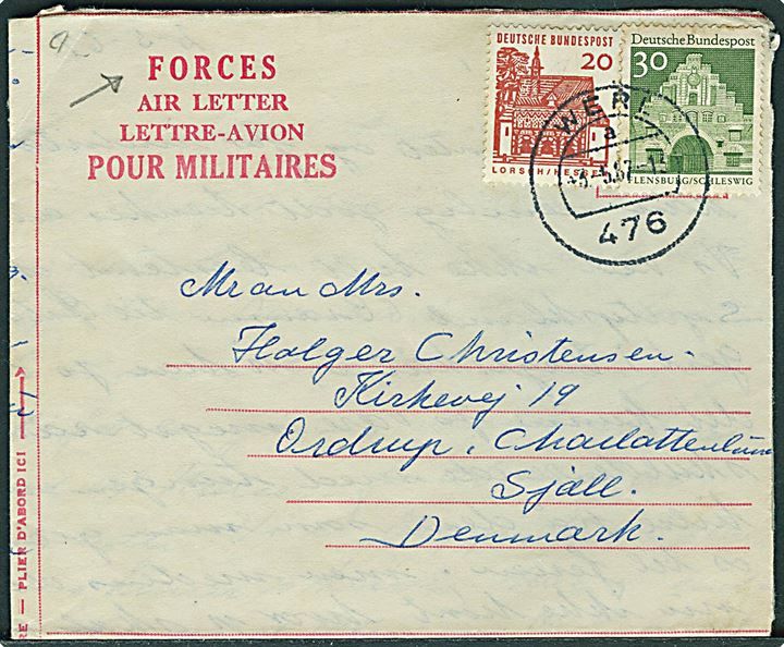 Tysk 50 pfg. frankeret canadisk Forces Air Letter stemplet Werl d. 3.5.1967 til Charlottenlund. Fra dansker i canadisk tjeneste i 2nd P.P.C.L.I. (Princess Patricia's Canadian Light Infantry) ved CFPO 5050 i Werl, Tyskland. Meddelelse skrevet på dansk.