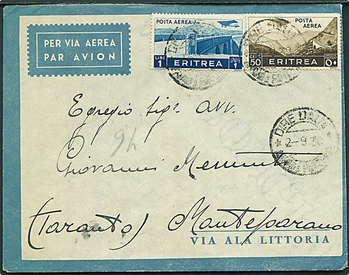Eritrea. 50 c. og 1 l. på luftpostbrev fra Dire Daua d. 2.9.1938 til Monteparano, Italien.