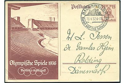 15+10 pfg. illustreret Olympiade helsagsbrevkort fra Badenweiler d. 23.4.1937 til Kolding, Danmark.