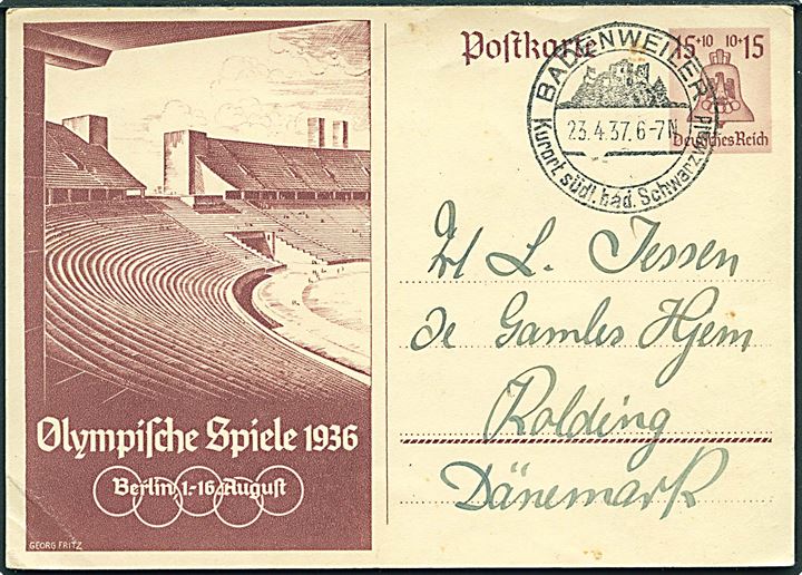 15+10 pfg. illustreret Olympiade helsagsbrevkort fra Badenweiler d. 23.4.1937 til Kolding, Danmark.