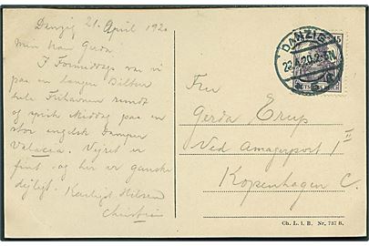 Tysk 15 pfg. Germania på brevkort (Havneparti fra Danzig) anvendt som forløber fra Fristaden Danzig og stemplet Danzig *5a d. 22.4.1920 til København, Danmark.