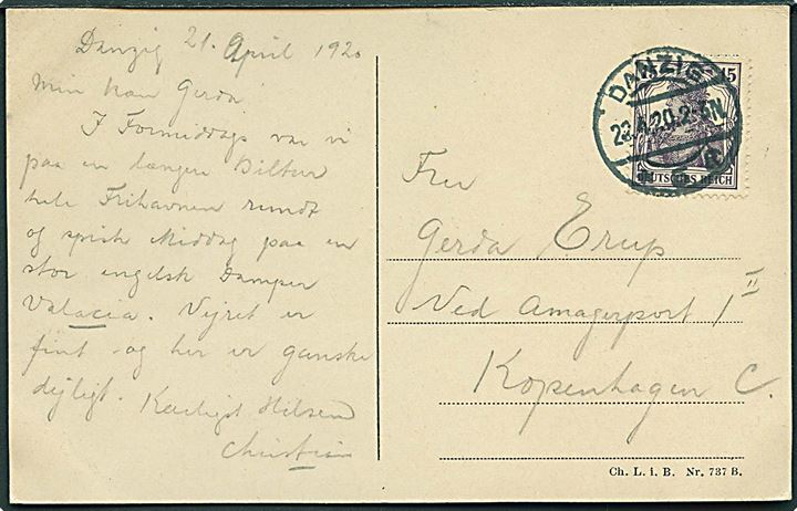 Tysk 15 pfg. Germania på brevkort (Havneparti fra Danzig) anvendt som forløber fra Fristaden Danzig og stemplet Danzig *5a d. 22.4.1920 til København, Danmark.