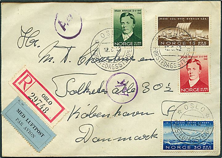 Komplet sæt Nordraak på FDC sendt som anbefalet luftpost fra Oslo d. 12.8.1942 til København, Danmark. Passér stemplet Ao og Ak. 
