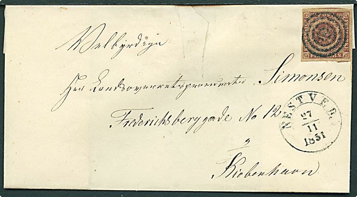 4 R.B.S. Ferslew med pæn rand på brev annulleret med stumt stempel og sidestemplet med 1½ ringsstempel Nestved. d. 27.11.1851 til Kjøbenhavn. Lukket rift i kuvert.