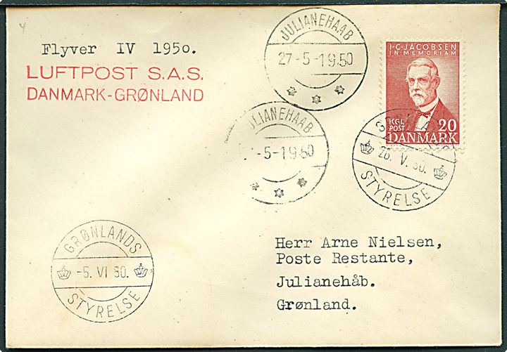 20 øre I.C.Jacobsen på flyvningsbrev stemplet Grønlands Styrelse d. 26.5.1950 til Julianehaab, Grønland. 