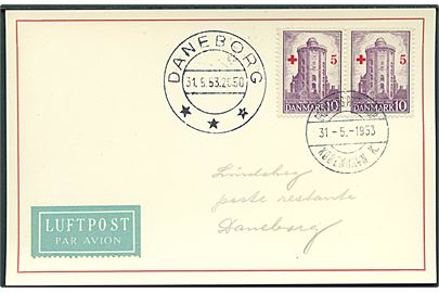 10+5 øre Røde Kors i parstykke på luftpost brevkort stemplet Grønlands Postkontor København K. d. 31.5.1953 til Daneborg. Ank.stemplet Daneborg d. 31.5.1953.