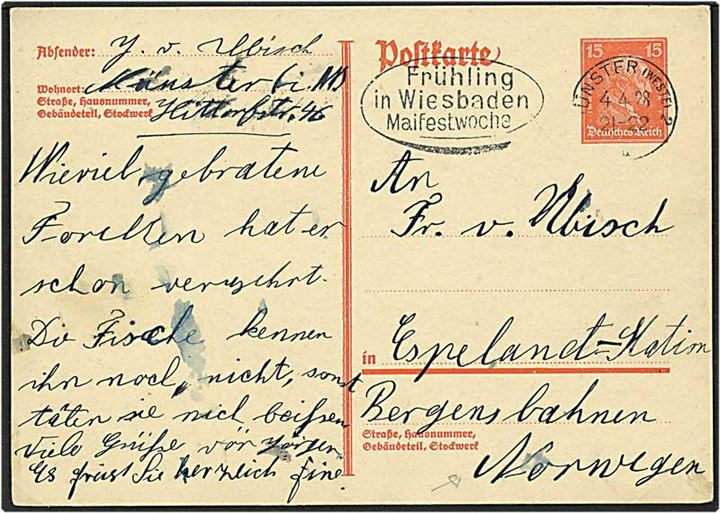 15 pfennig rød enkeltbrevkort fra Münster, Tyskland, d. 4.4.1928 til Espeland Station, Norge.