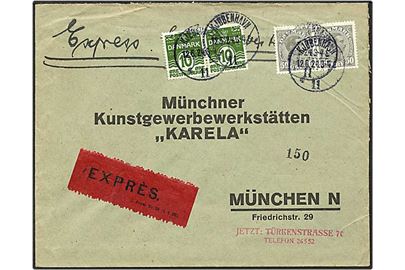 10 øre grøn bølgelinie og 50 øre grå Chr. X på expres brev fra København d. 12.6.1924 til München, Tyskland.