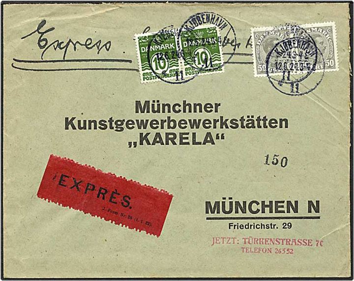 10 øre grøn bølgelinie og 50 øre grå Chr. X på expres brev fra København d. 12.6.1924 til München, Tyskland.