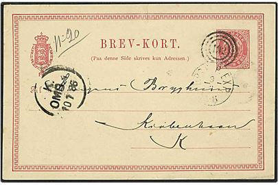 8 øre Tofarvet helsags brevkort fra Nyborg d. 9.7.1886 til København. Annulleret med Kombineret nummerstempel 192 DAMPSKIB P. EXP no. 6.