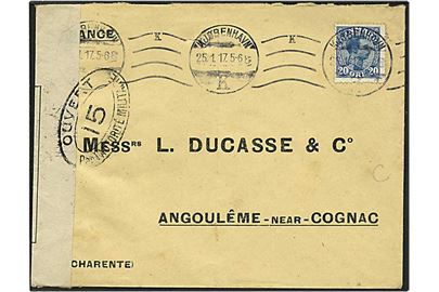 20 øre blå Chr. X på brev fra København d. 25.1.1917 til Cognac, Frankrig. Fransk censur.