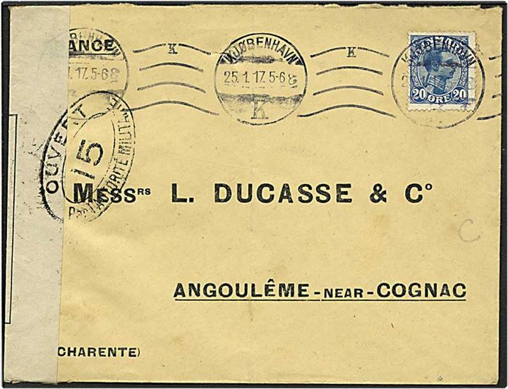 20 øre blå Chr. X på brev fra København d. 25.1.1917 til Cognac, Frankrig. Fransk censur.