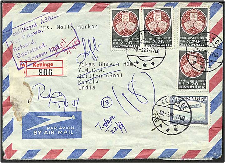 2,30 kr. sortblå/blå fly og 2,70 kr. sortgrå/rød Universitetsbiblotek på Rec. luftpost brev fra Kettinge d. 30.3.1983 til Inden. Adressaten rejst og brevet returneret.