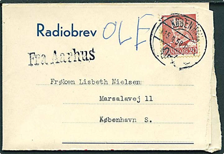 20 øre Fr. IX på Radiobrev formular (K.3219 12.48 20000 Form. 446) fra M/S Samos via S/S Botnia stemplet København d. 15.4.1950 og sidestemplet Fra Aarhus til København.