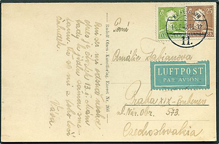 15 øre og 25 øre Chr. X på luftpost brevkort fra København d. 14.2.1947 til Prag, Tjekkoslovakiet.