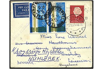 15 cent rødbrun på luftpost brev fra Holland til England. Påsat 3 pence og omadresseret til Århus. Henlagt som kassebrev og videresendt til Humlebæk.