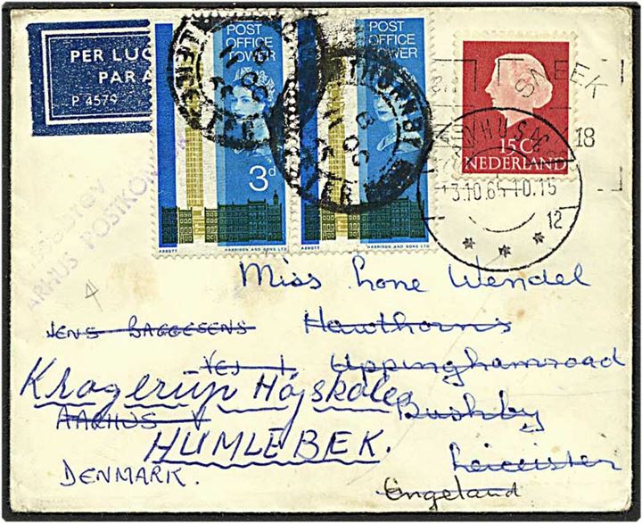 15 cent rødbrun på luftpost brev fra Holland til England. Påsat 3 pence og omadresseret til Århus. Henlagt som kassebrev og videresendt til Humlebæk.