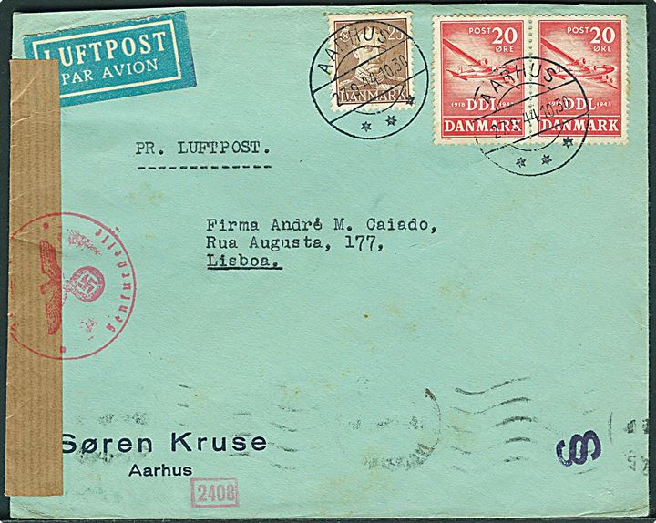 20 øre DDL i parstykke og 25 øre Chr. X på 65 øre frankeret luftpostbrev fra Aarhus d. 27.9.1944 til Lissabon, Portugal. Åbnet af tysk censur.