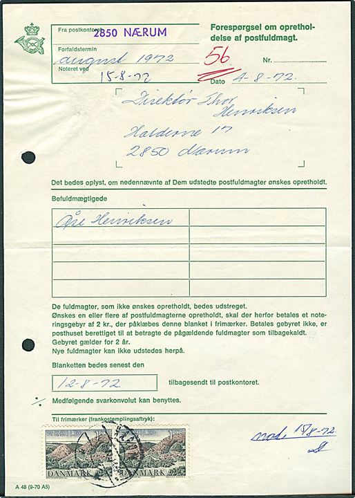 1 kr. Rebild Bakker i parstykke stemplet Nærum 1972 på Forespørgsel om opretholdelse af postfuldmagt. 2 arkivhuller.