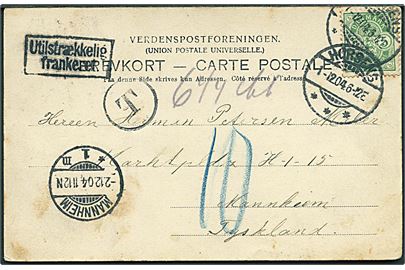 5 øre Våben på brevkort fra Horsens d. 1.12.1904 til Mannheim, Tyskland. Rammestempel Utilstrækkelig frankeret og udtakseret i tysk 10 pfg. porto.