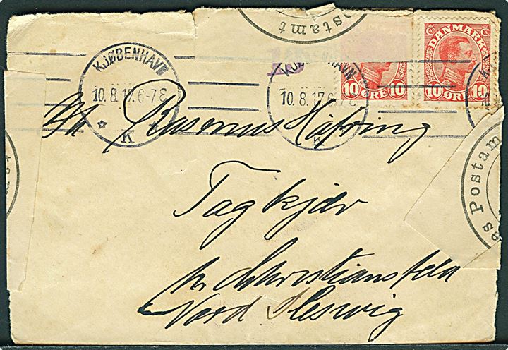 10 øre Chr. X i parstykke på brev fra Kjøbenhavn d. 10.8.1917 til Tagkjær pr. Christiansfeld i Nordslesvig. Åbnet af tysk censur i Flensburg.