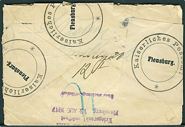 10 øre Chr. X i parstykke på brev fra Kjøbenhavn d. 10.8.1917 til Tagkjær pr. Christiansfeld i Nordslesvig. Åbnet af tysk censur i Flensburg.