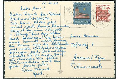 Tysk 20 pfg. på brevkort med Dansk Julemærke 1965 fra Wilhelmshaven d. 23.12.1965 til Assens, Danmark.