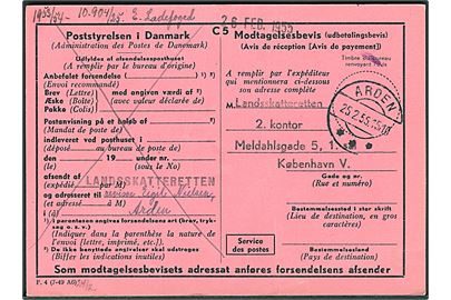 Modtagelsesbevis formular F.4 (7-49 A6) stemplet Arden d. 25.2.1955 for brev til København.