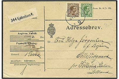 5 øre grøn og 25 øre burn Chr. X på adressebrev d. 16.4.1919 til Søllested.