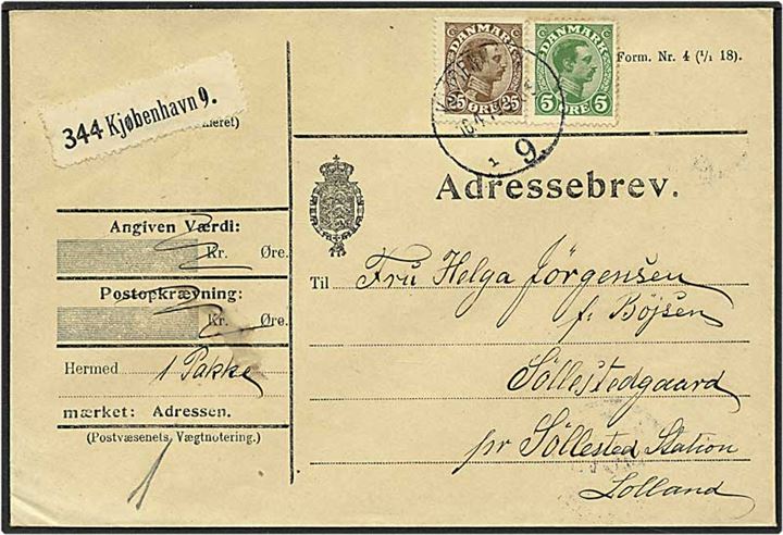 5 øre grøn og 25 øre burn Chr. X på adressebrev d. 16.4.1919 til Søllested.