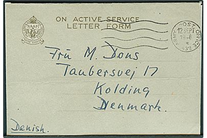 Ufrankeret OAS Letter form stemplet Army Post Office 432 (= Hamburg) d. 12.9.1946 til Kolding, Danmark. Fra dansk kvindelig postcensor ved No. 3 District Censorship Station, B.A.O.R.